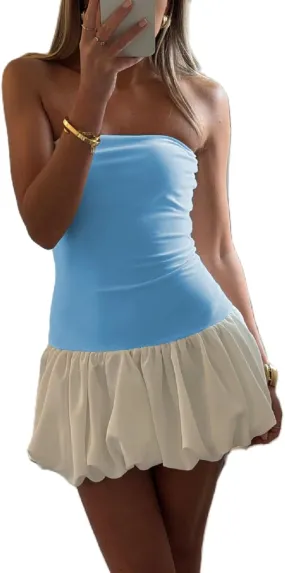 Women Sexy Strapless Mini Dress Sleeveless A Line Bubble Short Dress Ruffle Hem Y2k Party Club Dresses