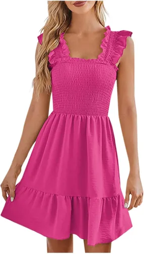 Women Summer Casual Sleeveless Dress Square Neck Smocked Ruffle Backless Boho Mini Dress Trendy Sundress