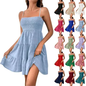 Women Summer Dresses Square Neck Spaghetti Strap Dresses Sleeveless Mini Dress A Line Sundresses Boho Beach Dress