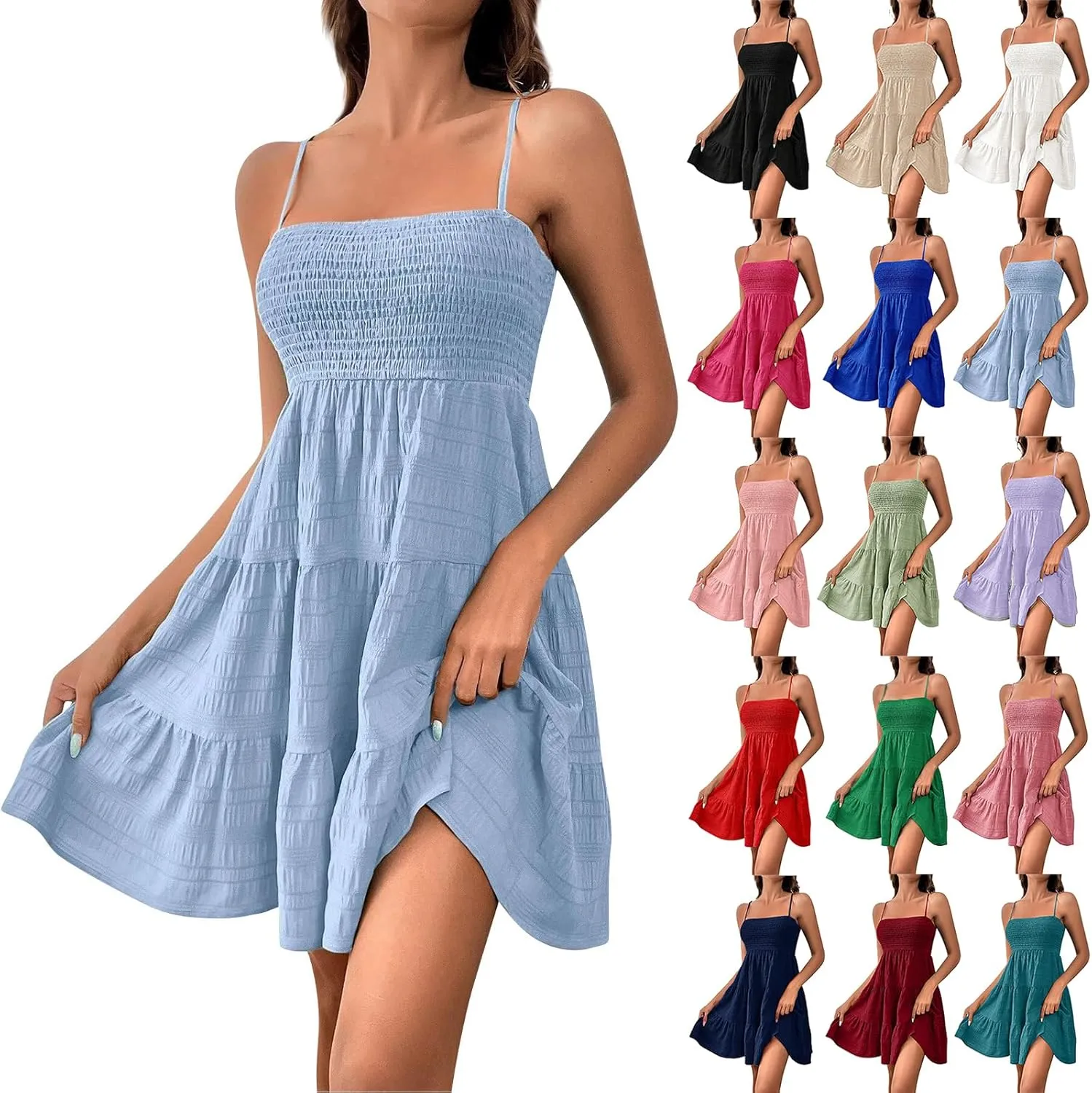Women Summer Dresses Square Neck Spaghetti Strap Dresses Sleeveless Mini Dress A Line Sundresses Boho Beach Dress