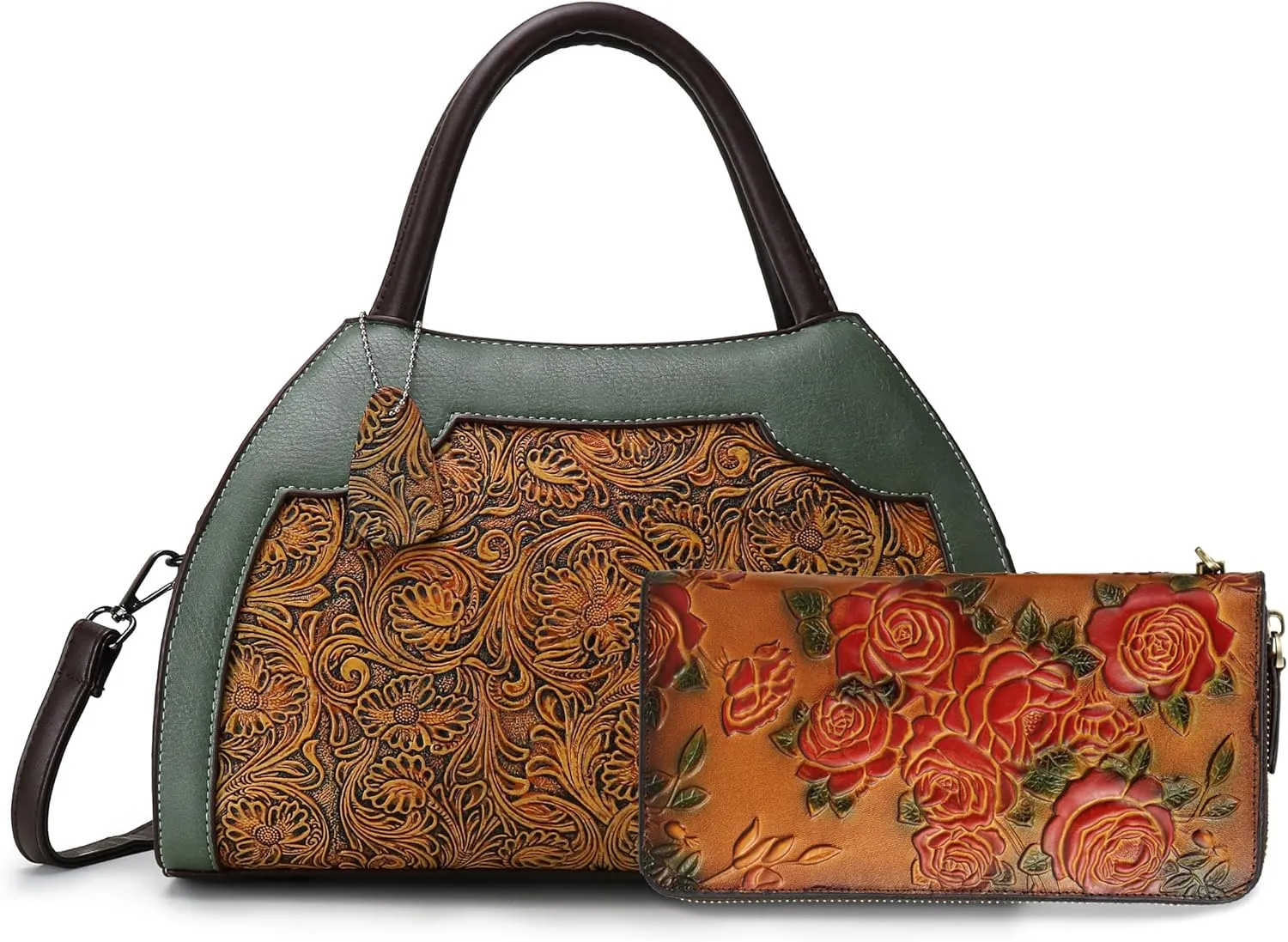 Women Tote Bag Satchel Vintage Embossing and Womens RFID Blocking Wallet Brown Bundle
