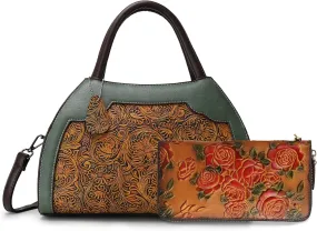 Women Tote Bag Satchel Vintage Embossing and Womens RFID Blocking Wallet Brown Bundle