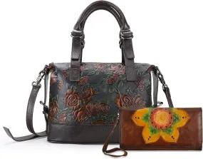 Women Tote Handle Satchel Vintage Embossing Rose and Womens Wallet Coffee Bundle