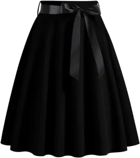 Women Vintage Pleated Skirts Plain Elegant Half Dress Hepburn Style A-Line Midi Skirts with Waist Bowknot