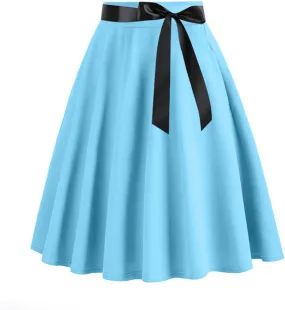 Women Vintage Pleated Skirts Plain Elegant Half Dress Hepburn Style A-Line Midi Skirts with Waist Bowknot