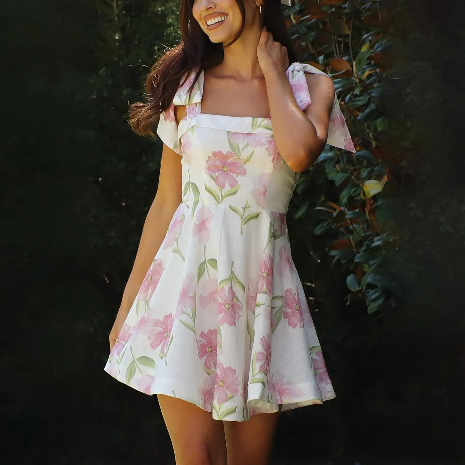 Women Y2k Tie Shoulder Mini Dress Floral Ruffle Flowy Babydoll Dress Summer Cute Bow Strap Boho Short Dresses