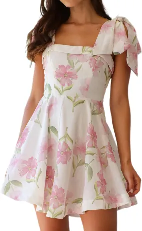 Women Y2k Tie Shoulder Mini Dress Floral Ruffle Flowy Babydoll Dress Summer Cute Bow Strap Boho Short Dresses