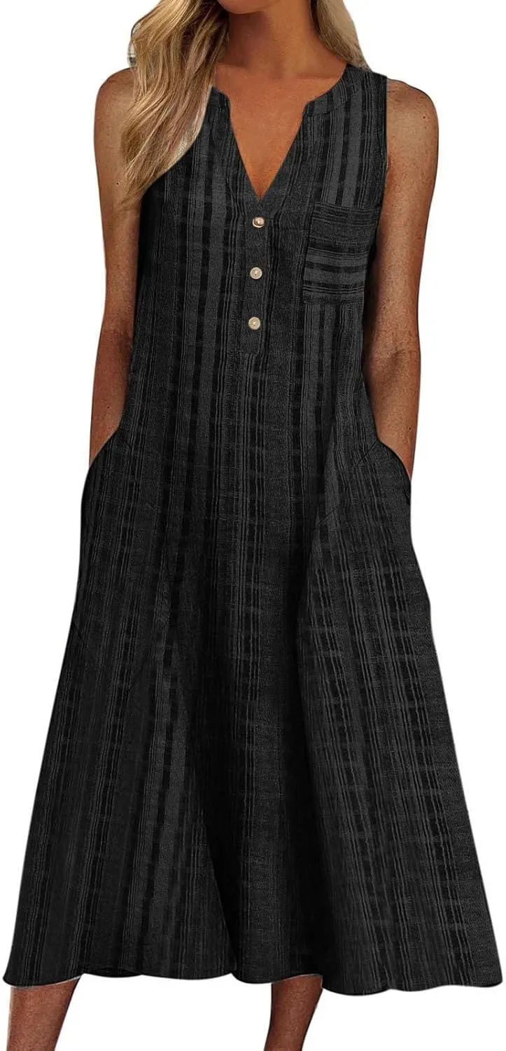 Women's 2025 Casual Summer Dresses Floral Boho Beach V-Neck Buttons Short Sleeve Pockets Loose Midi Dress for Women