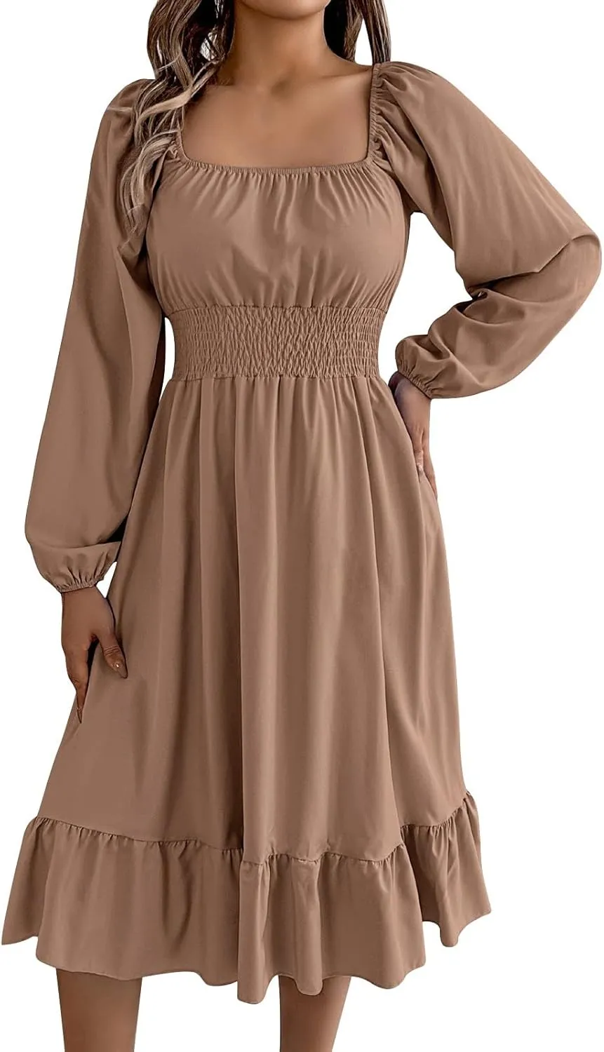 Women's 2025 Summer Casual Midi Dress Lantern Long Sleeve Square Neck Smocked Waist Ruffle Hem A-Line Flowy Dresses