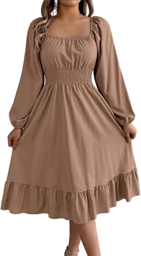 Women's 2025 Summer Casual Midi Dress Lantern Long Sleeve Square Neck Smocked Waist Ruffle Hem A-Line Flowy Dresses