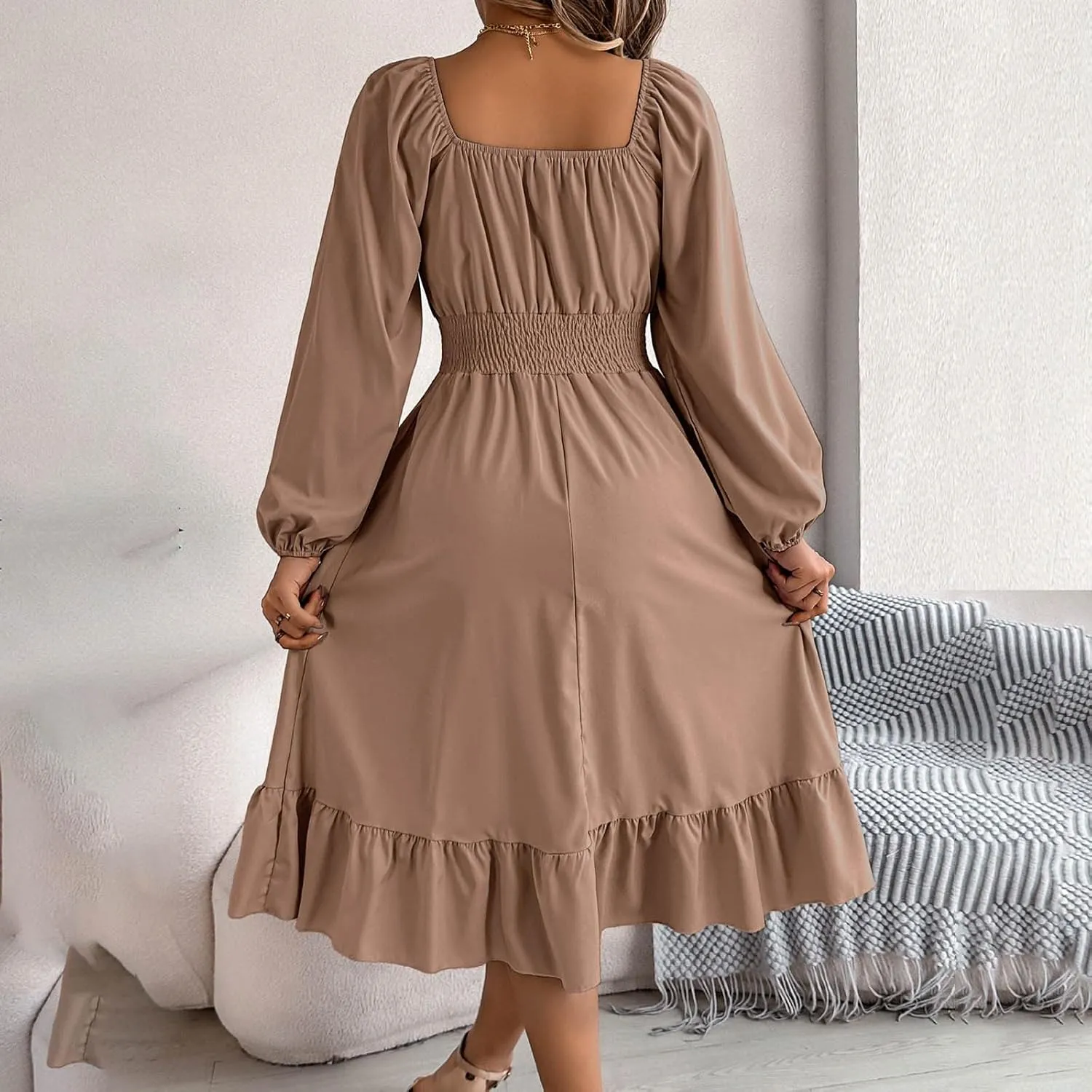 Women's 2025 Summer Casual Midi Dress Lantern Long Sleeve Square Neck Smocked Waist Ruffle Hem A-Line Flowy Dresses