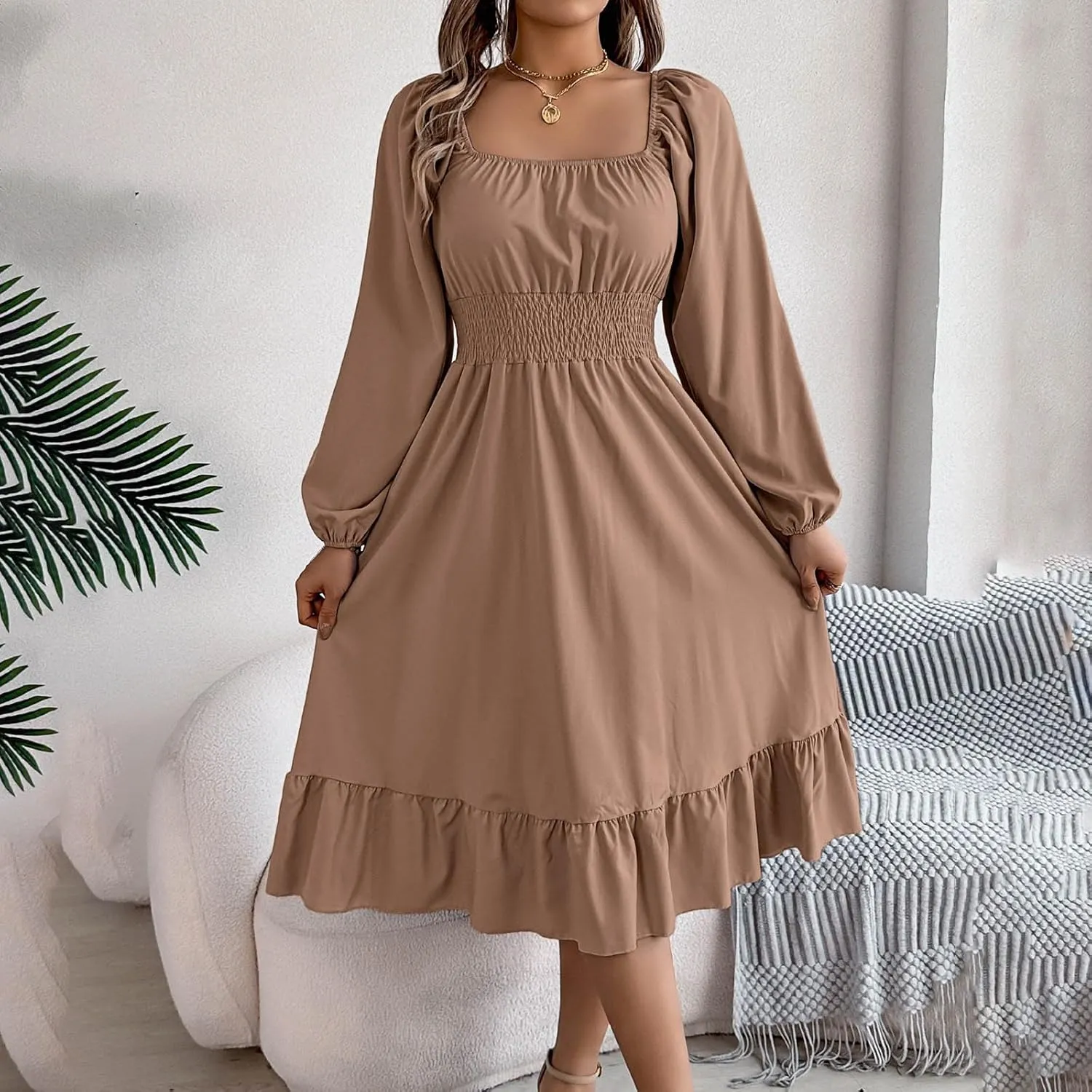 Women's 2025 Summer Casual Midi Dress Lantern Long Sleeve Square Neck Smocked Waist Ruffle Hem A-Line Flowy Dresses