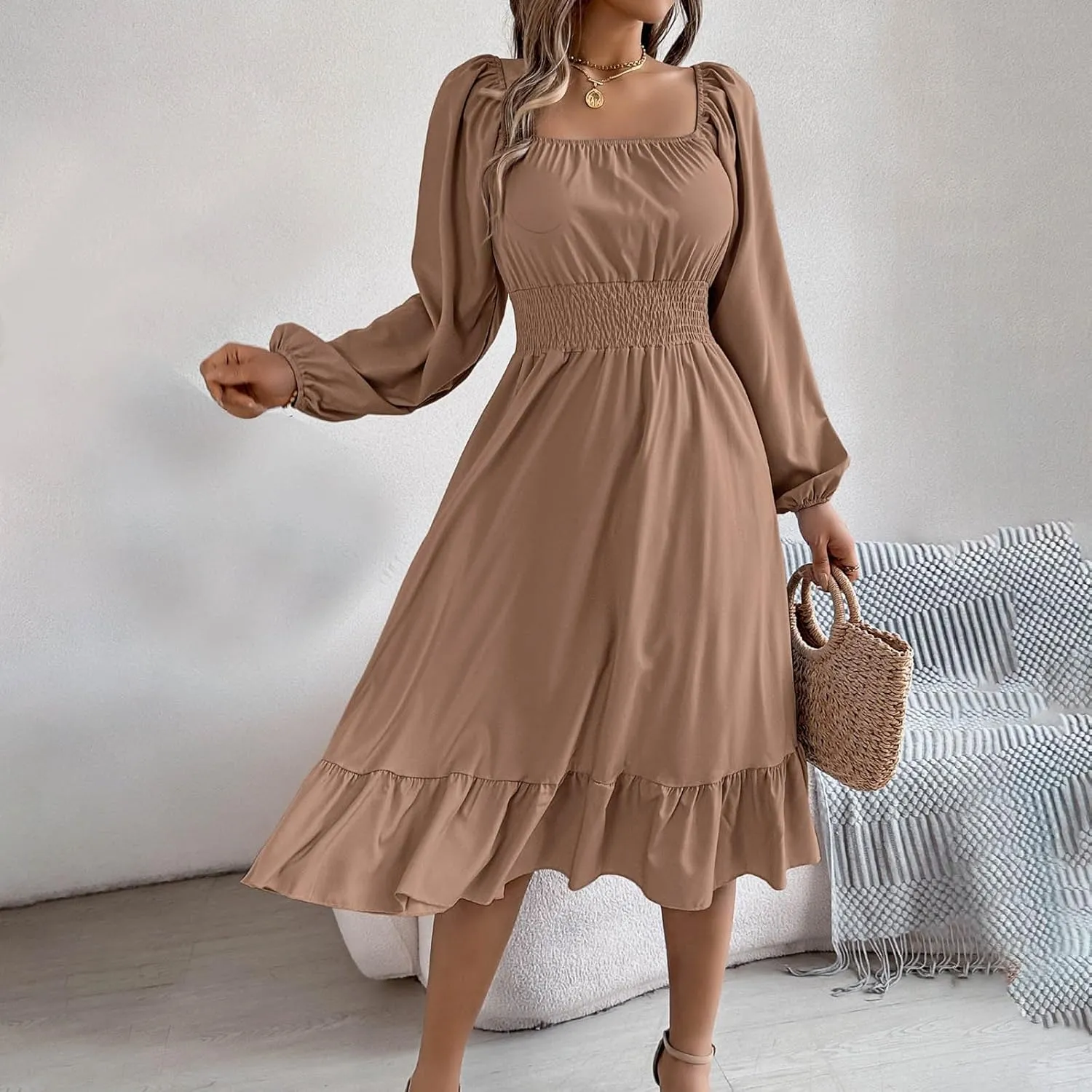 Women's 2025 Summer Casual Midi Dress Lantern Long Sleeve Square Neck Smocked Waist Ruffle Hem A-Line Flowy Dresses