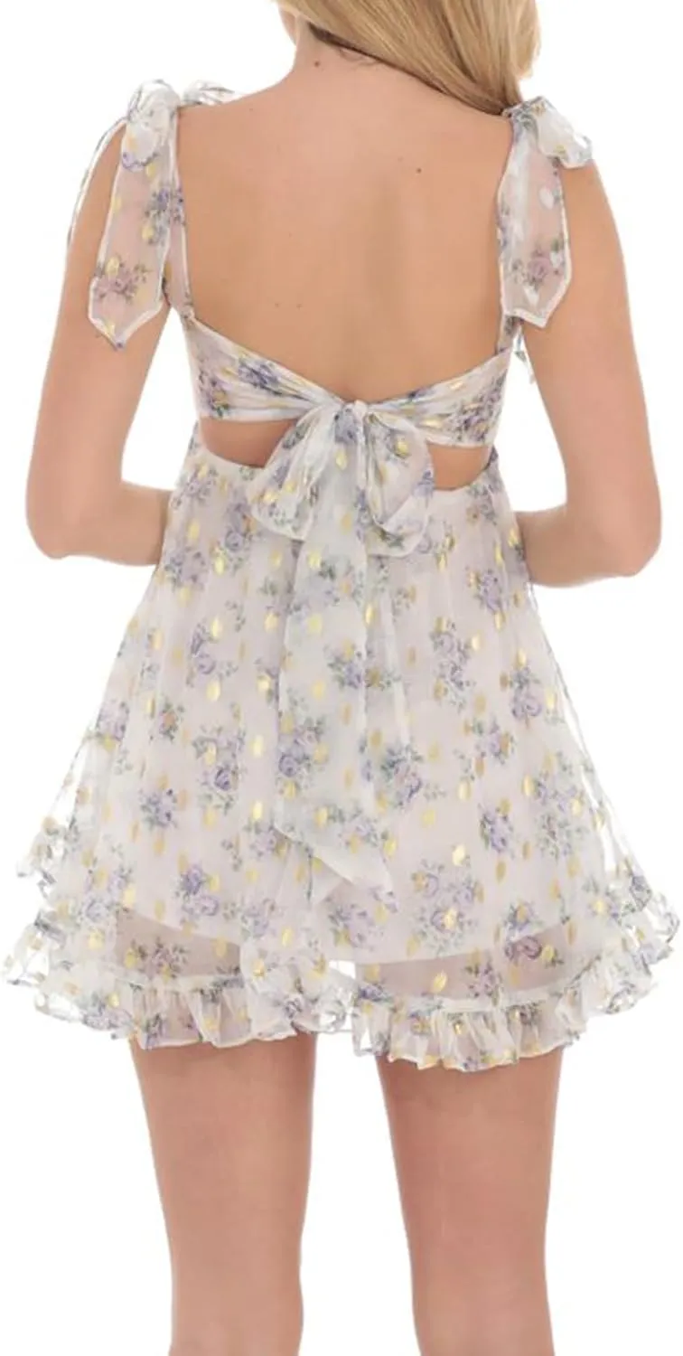 Womens 2025 Summer Floral Mini Dress Sleeveless Ruffle Backless Short Flowy Vacation Spaghetti Strap Dress