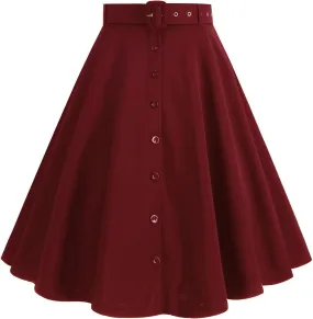 Womens A Line Flared Midi Skirt Vintage Stretch High Waisted Long Skirt Button Down Swing Skirt with Pockets and Belts