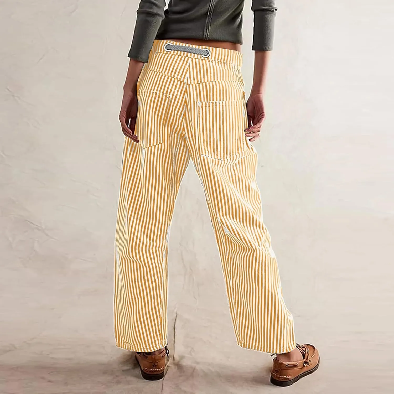 Womens Baggy Barrel Horseshoe Jeans Wide Leg Drawstring Vintage Denim Pants Striped Patchwork Tie Waist Jeans