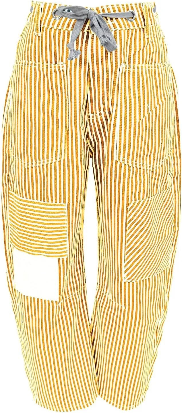 Womens Baggy Barrel Horseshoe Jeans Wide Leg Drawstring Vintage Denim Pants Striped Patchwork Tie Waist Jeans