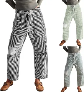 Womens Baggy Barrel Horseshoe Jeans Wide Leg Drawstring Vintage Denim Pants Striped Patchwork Tie Waist Jeans
