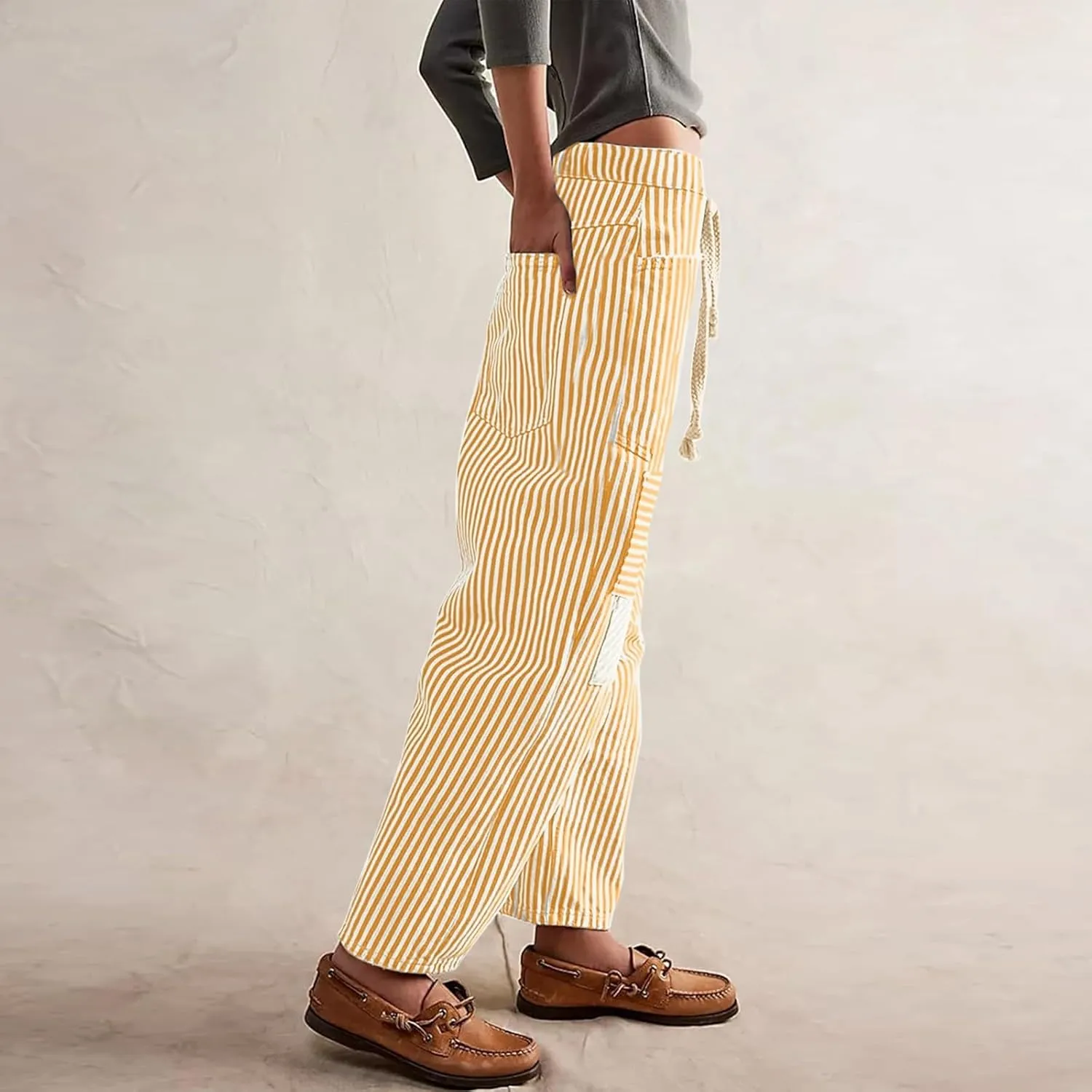 Womens Baggy Barrel Horseshoe Jeans Wide Leg Drawstring Vintage Denim Pants Striped Patchwork Tie Waist Jeans