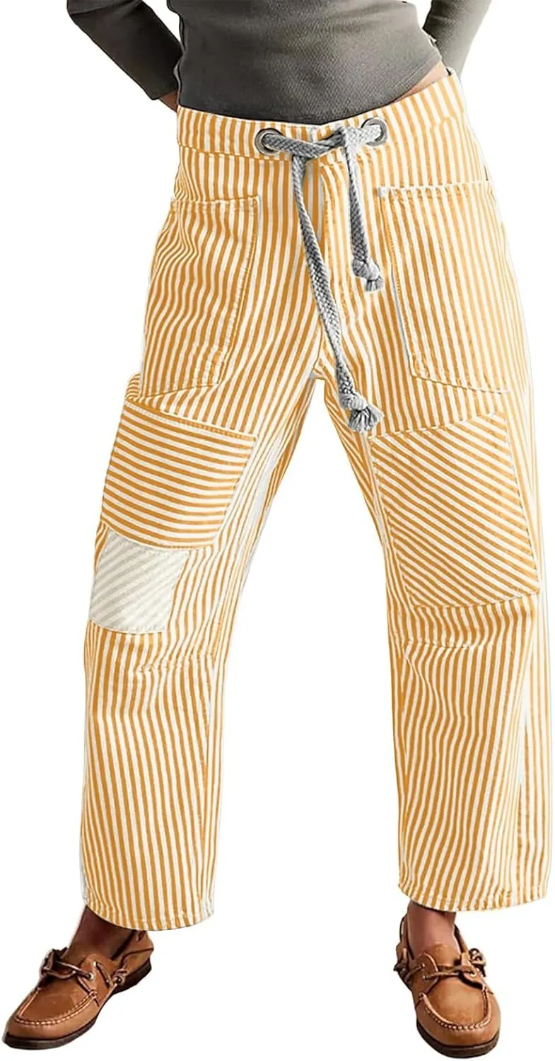 Womens Baggy Barrel Horseshoe Jeans Wide Leg Drawstring Vintage Denim Pants Striped Patchwork Tie Waist Jeans