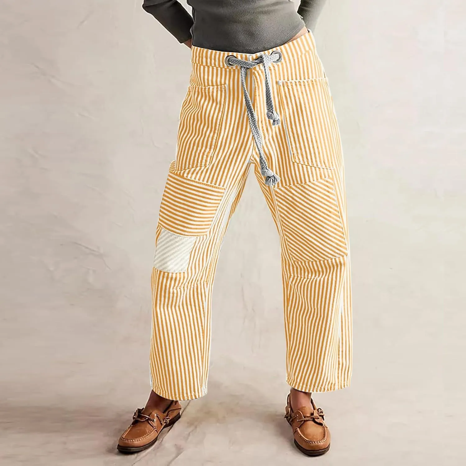 Womens Baggy Barrel Horseshoe Jeans Wide Leg Drawstring Vintage Denim Pants Striped Patchwork Tie Waist Jeans