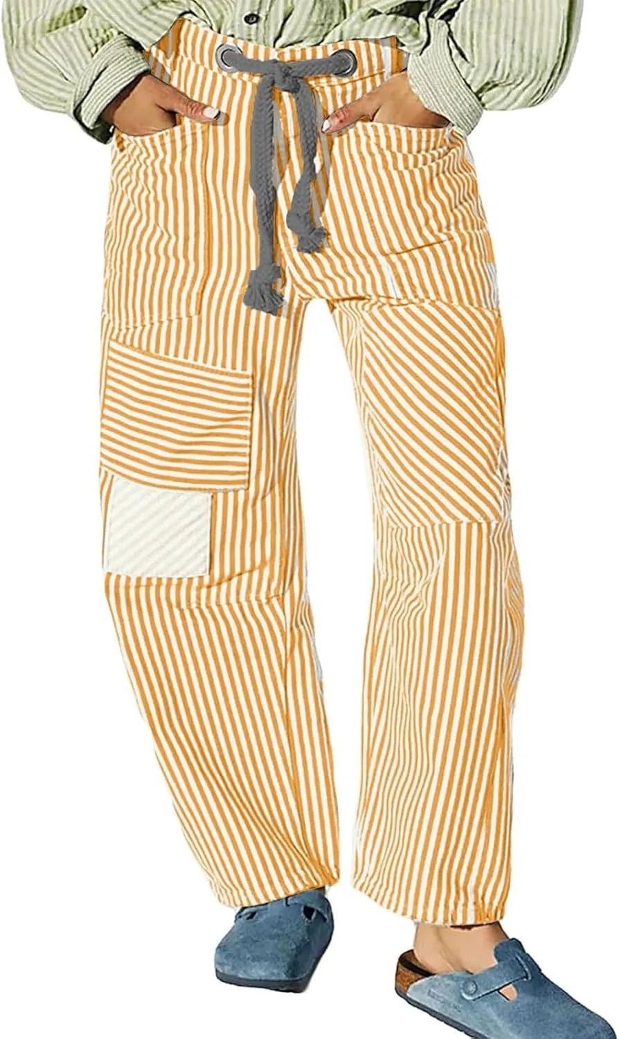 Womens Baggy Barrel Horseshoe Jeans Wide Leg Drawstring Vintage Denim Pants Striped Patchwork Tie Waist Jeans