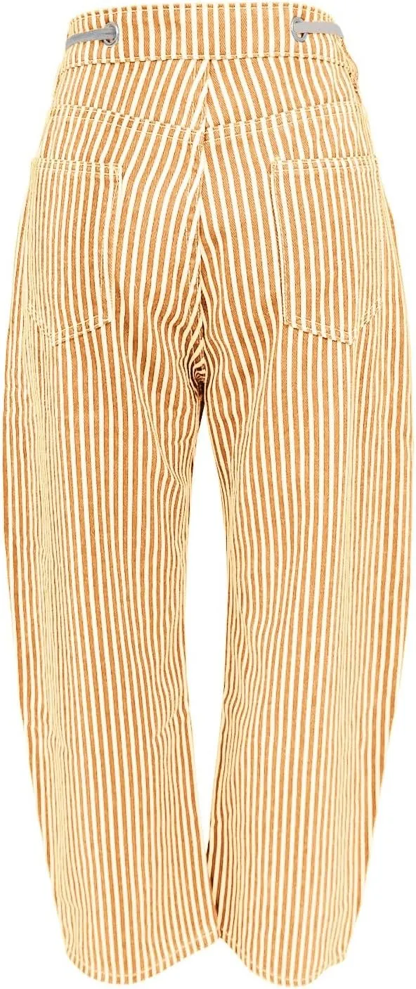 Womens Baggy Barrel Horseshoe Jeans Wide Leg Drawstring Vintage Denim Pants Striped Patchwork Tie Waist Jeans