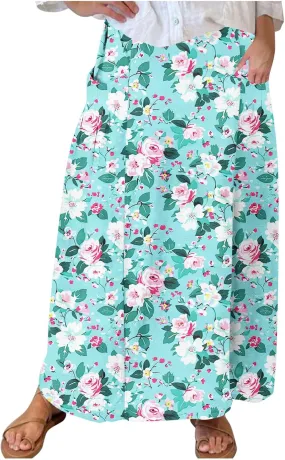 Women's Boho Floral Print High Waist A Line Ruffle Pleated Flowy Midi Skirts Comfy Casual Mid Calf Half Dress