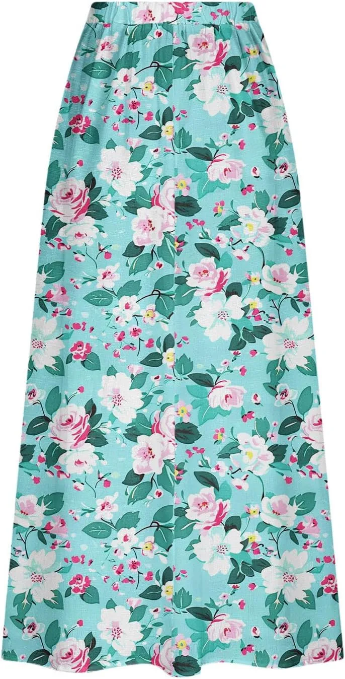 Women's Boho Floral Print High Waist A Line Ruffle Pleated Flowy Midi Skirts Comfy Casual Mid Calf Half Dress