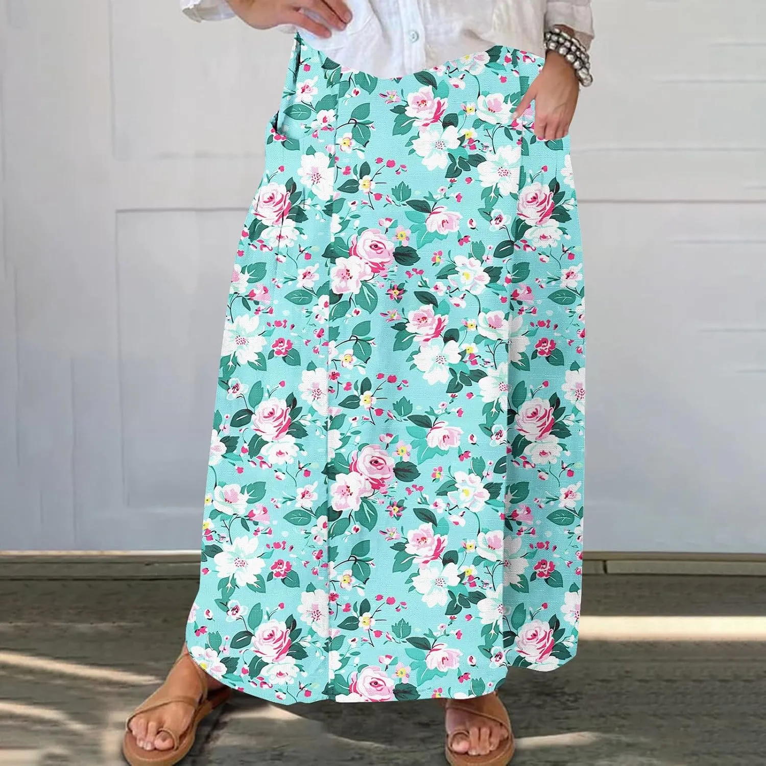 Women's Boho Floral Print High Waist A Line Ruffle Pleated Flowy Midi Skirts Comfy Casual Mid Calf Half Dress