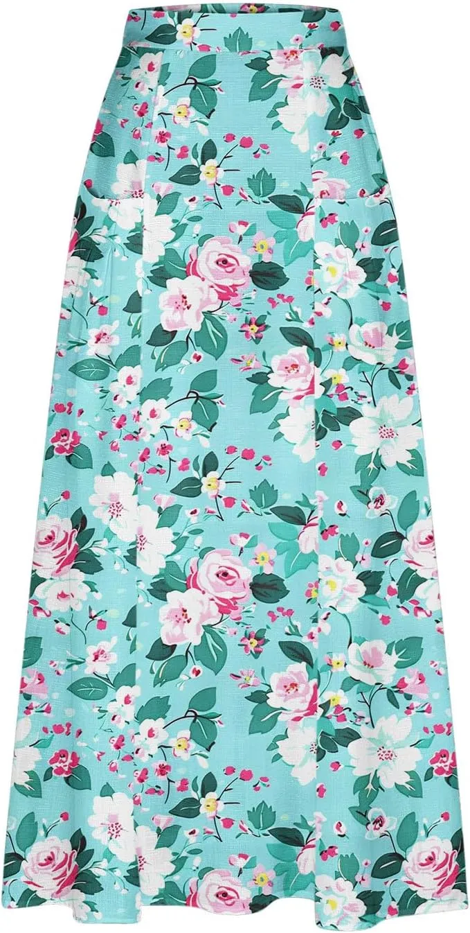 Women's Boho Floral Print High Waist A Line Ruffle Pleated Flowy Midi Skirts Comfy Casual Mid Calf Half Dress