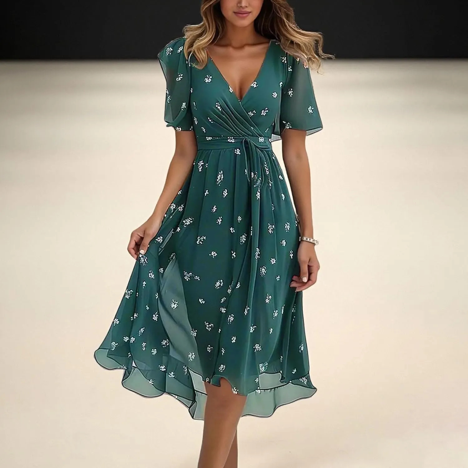 Womens Boho Floral Printed Chiffon Dresses 2025 Elegant V Neck Short Sleeve Belted Summer Wedding Prom Midi Dress