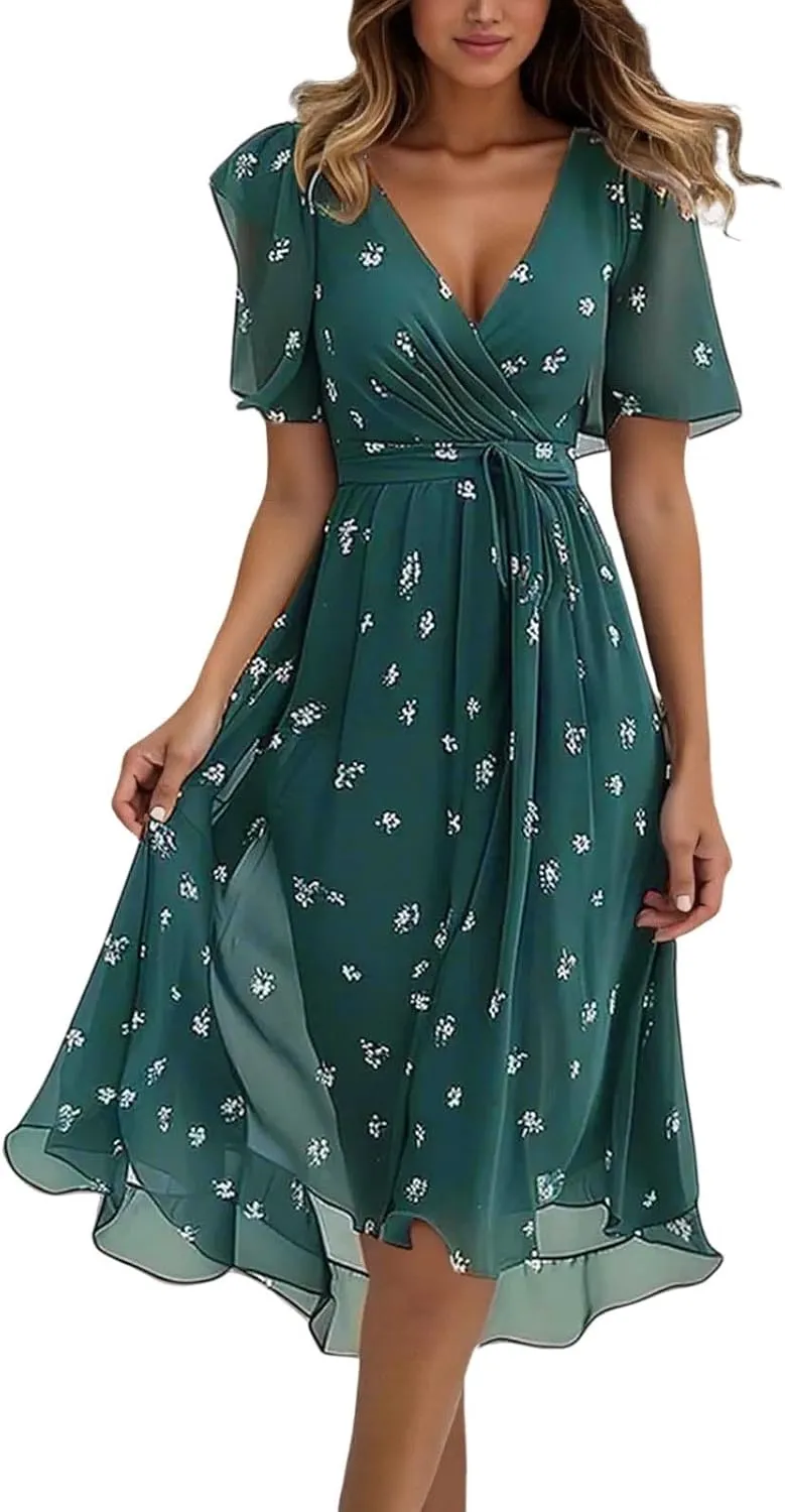 Womens Boho Floral Printed Chiffon Dresses 2025 Elegant V Neck Short Sleeve Belted Summer Wedding Prom Midi Dress