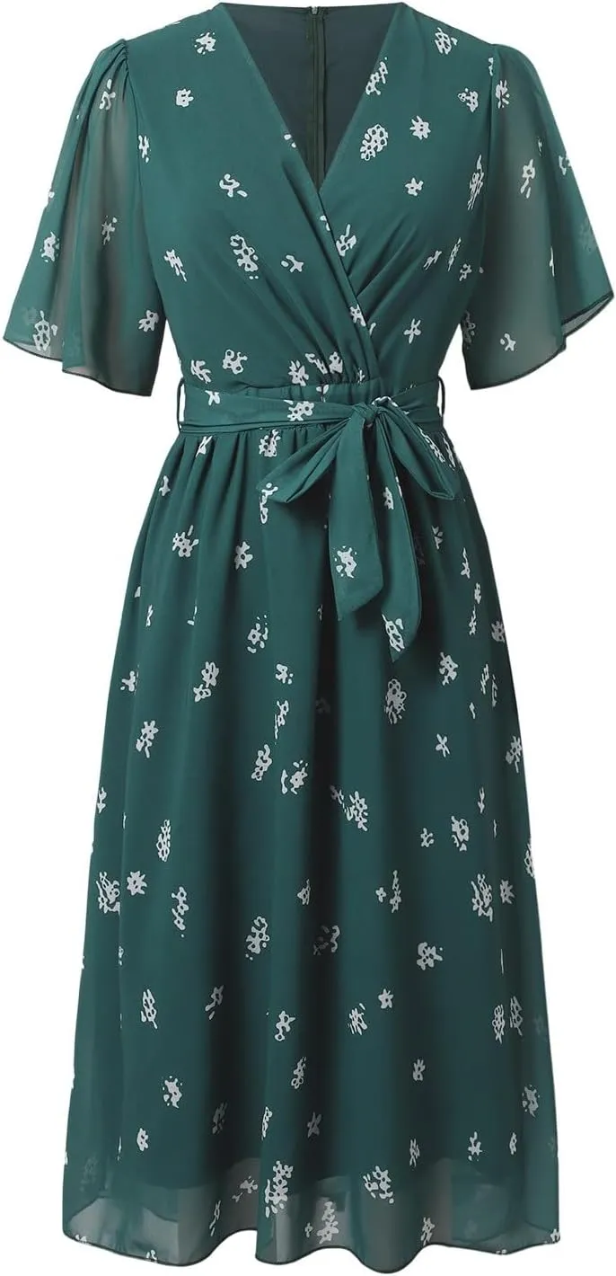 Womens Boho Floral Printed Chiffon Dresses 2025 Elegant V Neck Short Sleeve Belted Summer Wedding Prom Midi Dress