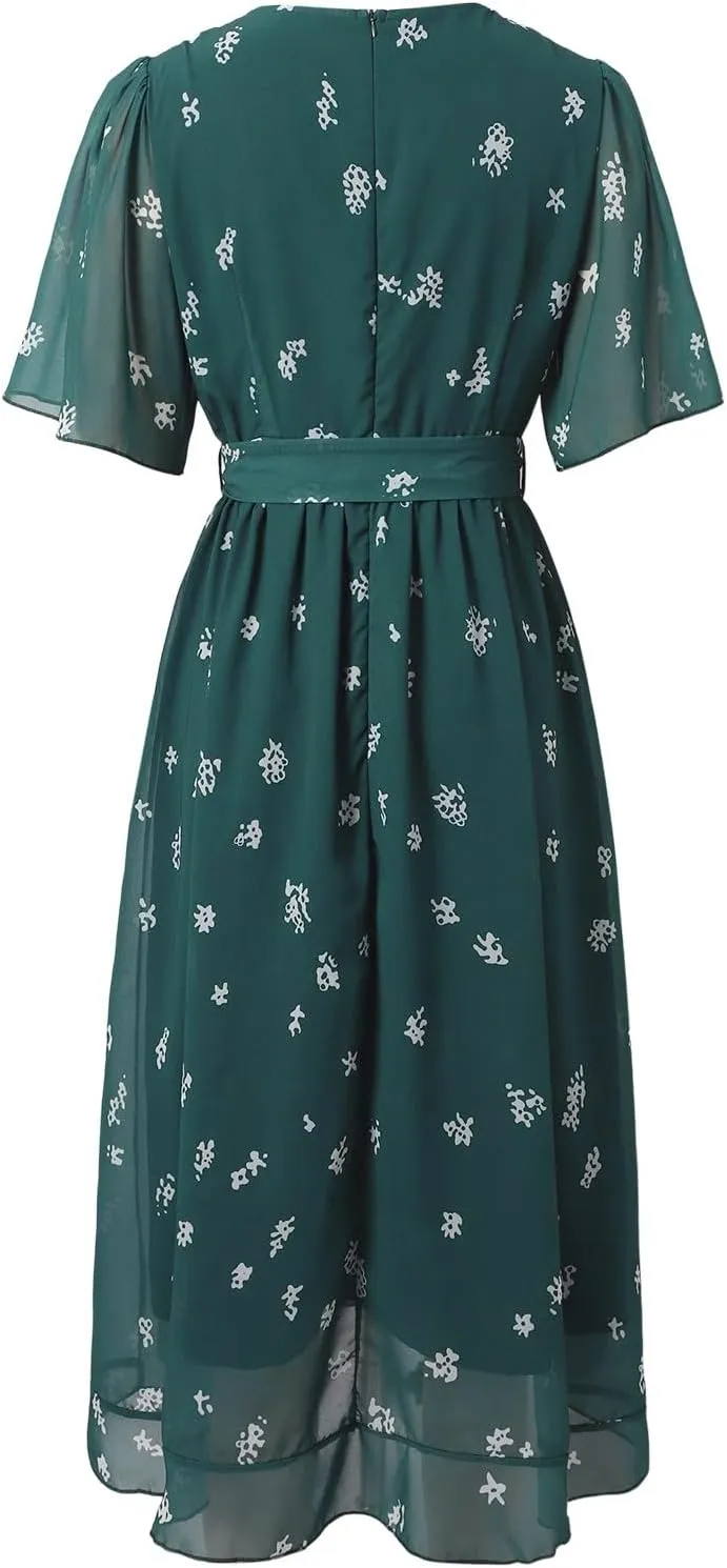 Womens Boho Floral Printed Chiffon Dresses 2025 Elegant V Neck Short Sleeve Belted Summer Wedding Prom Midi Dress