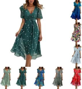 Womens Boho Floral Printed Chiffon Dresses 2025 Elegant V Neck Short Sleeve Belted Summer Wedding Prom Midi Dress