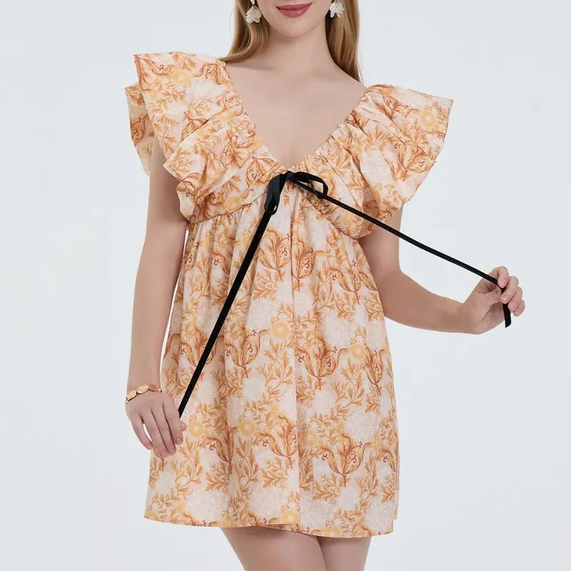 Womens Boho Mini Dress Y2k Floral Puff Sleeve Babydoll Dress Deep V Neck Bow Tie Front Backless Beach Sundress