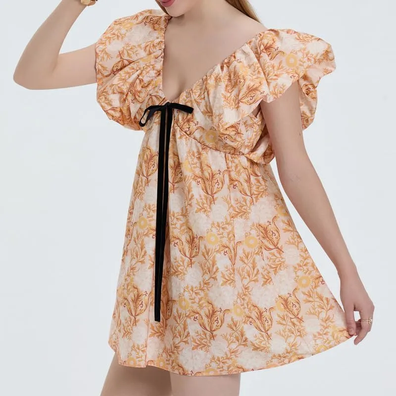 Womens Boho Mini Dress Y2k Floral Puff Sleeve Babydoll Dress Deep V Neck Bow Tie Front Backless Beach Sundress