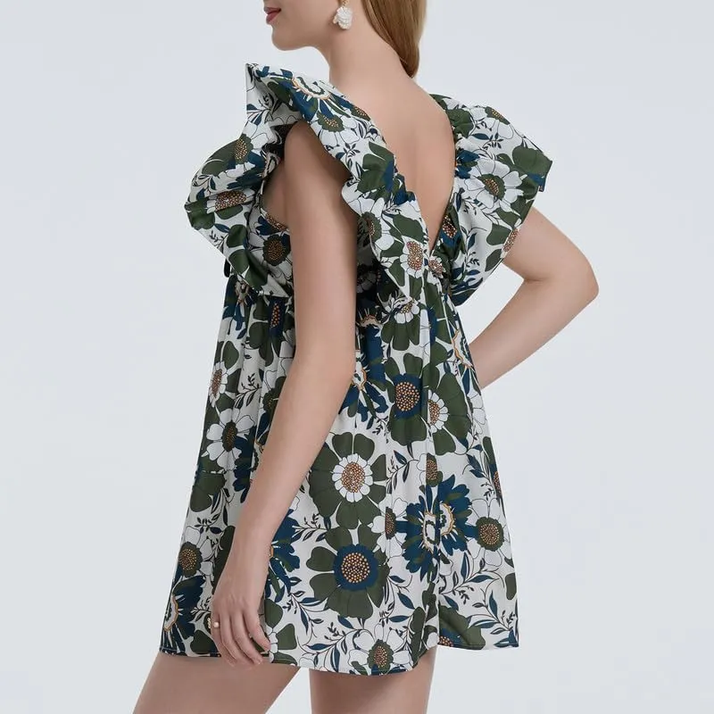 Womens Boho Mini Dress Y2k Floral Puff Sleeve Babydoll Dress Deep V Neck Bow Tie Front Backless Beach Sundress