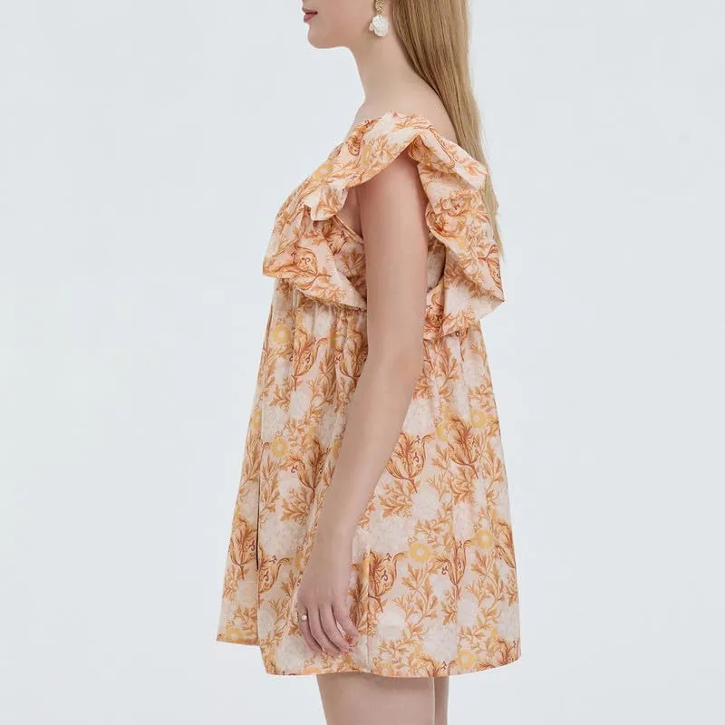 Womens Boho Mini Dress Y2k Floral Puff Sleeve Babydoll Dress Deep V Neck Bow Tie Front Backless Beach Sundress