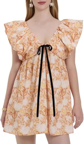 Womens Boho Mini Dress Y2k Floral Puff Sleeve Babydoll Dress Deep V Neck Bow Tie Front Backless Beach Sundress