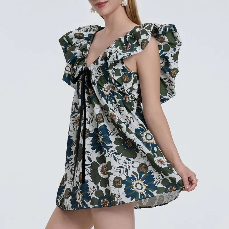 Womens Boho Mini Dress Y2k Floral Puff Sleeve Babydoll Dress Deep V Neck Bow Tie Front Backless Beach Sundress