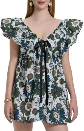 Womens Boho Mini Dress Y2k Floral Puff Sleeve Babydoll Dress Deep V Neck Bow Tie Front Backless Beach Sundress