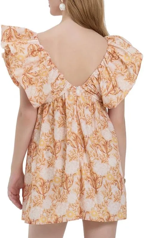 Womens Boho Mini Dress Y2k Floral Puff Sleeve Babydoll Dress Deep V Neck Bow Tie Front Backless Beach Sundress