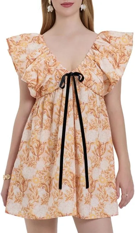 Womens Boho Mini Dress Y2k Floral Puff Sleeve Babydoll Dress Deep V Neck Bow Tie Front Backless Beach Sundress