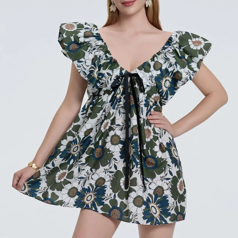 Womens Boho Mini Dress Y2k Floral Puff Sleeve Babydoll Dress Deep V Neck Bow Tie Front Backless Beach Sundress