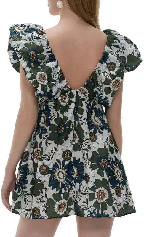 Womens Boho Mini Dress Y2k Floral Puff Sleeve Babydoll Dress Deep V Neck Bow Tie Front Backless Beach Sundress