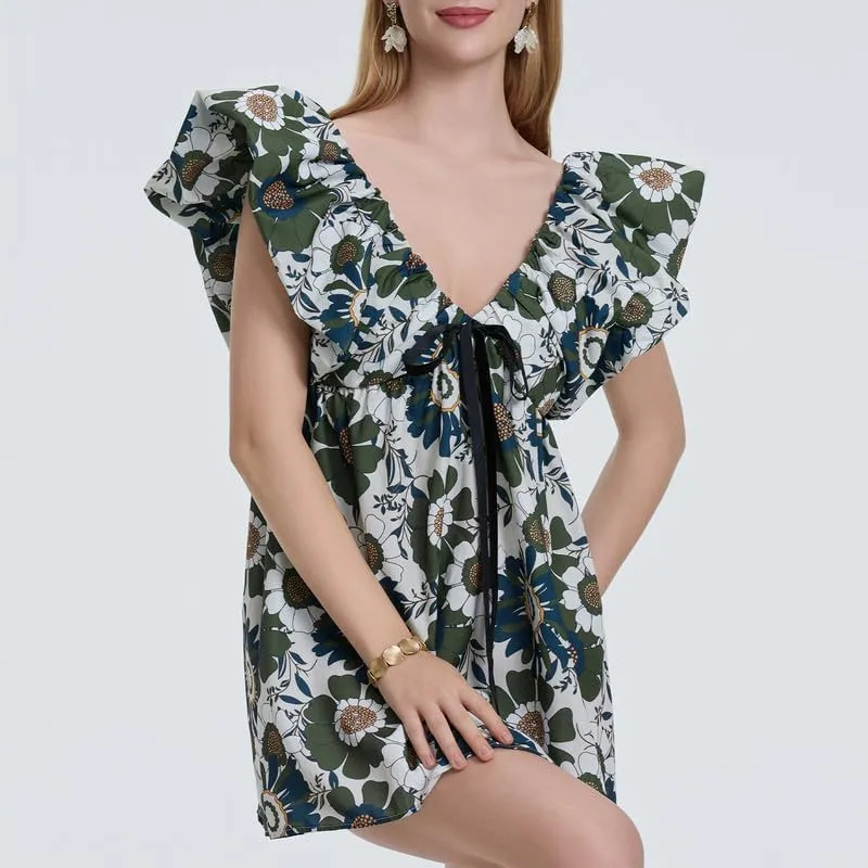 Womens Boho Mini Dress Y2k Floral Puff Sleeve Babydoll Dress Deep V Neck Bow Tie Front Backless Beach Sundress