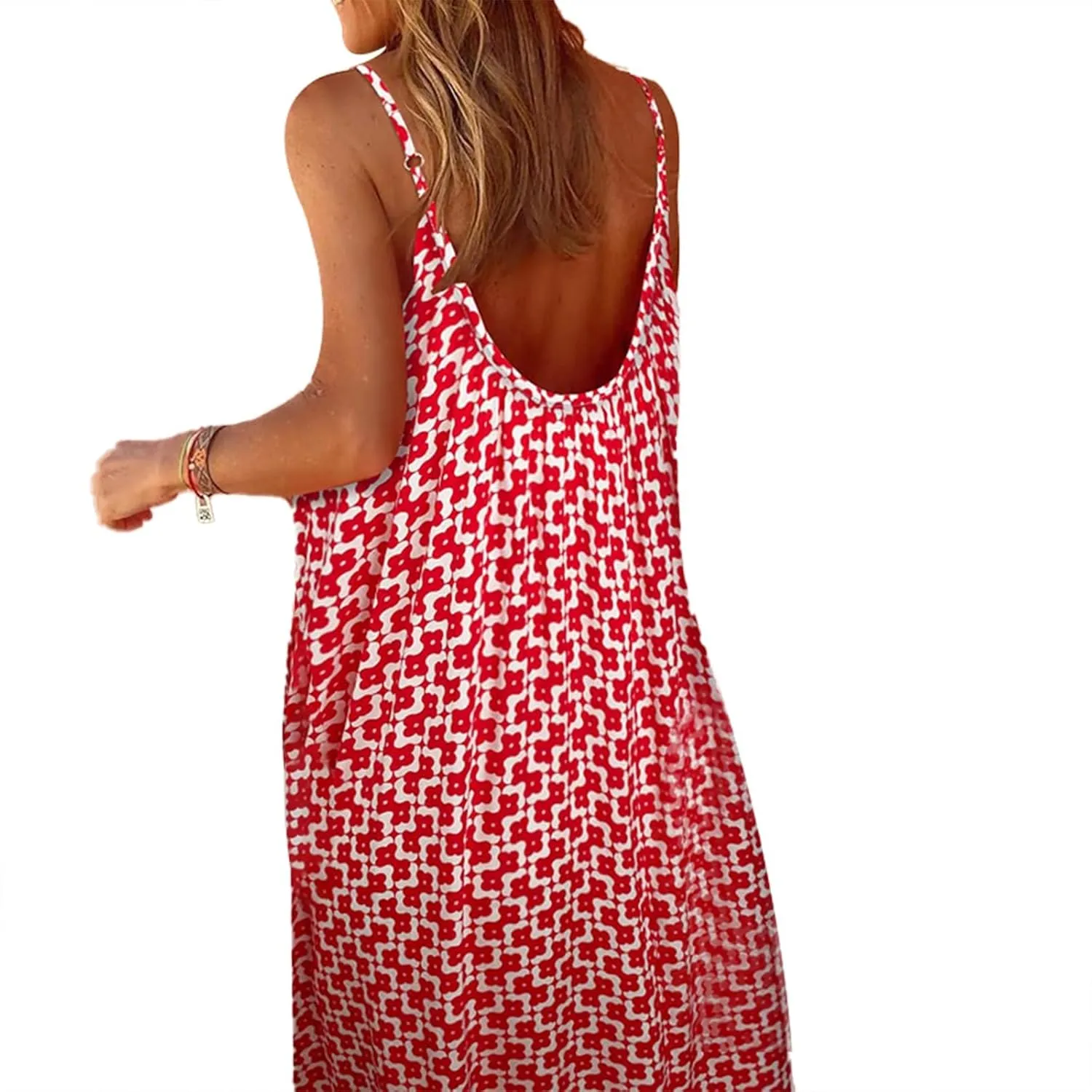 Womens Boho Tank Dress Spaghetti Strap Sleeveless Scoop Neck Maxi Dresses Summe Floral A Line Smocked Ruffle Dress