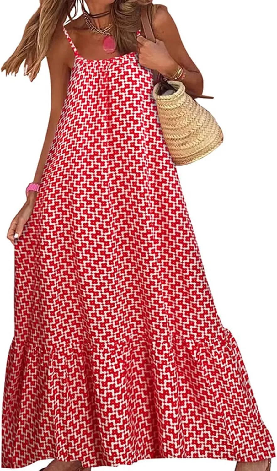 Womens Boho Tank Dress Spaghetti Strap Sleeveless Scoop Neck Maxi Dresses Summe Floral A Line Smocked Ruffle Dress